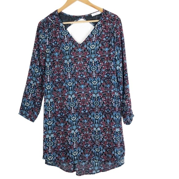 Lush Womens Black Floral V-Neck Cutout Back Long Sleeve Tunic Dress - Picture 13 of 16